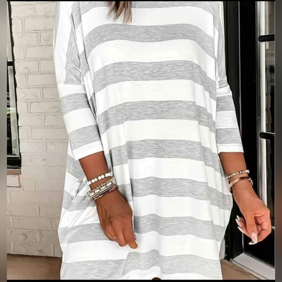 Grey and White Striped Boho Dress With Pockets - Picture 4 of 5